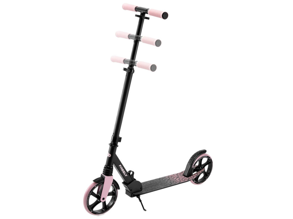 Hulajnoga KINDERKRAFT Freely Różowy hulajnoga na białym tle widoczna od przodu pod skosem widoczna możliwość regulacji kierownicy zakres regulacji kierownicy od 82,5 do 107,5 cm precyzyjne dopasowanie wysokości do wzrostu użytkownika hulajnoga „rośnie” razem z dzieckiem wygodna i bezpieczna pozycja szerokie, antypoślizgowe chwyty TPR kontrola nad kierownicą