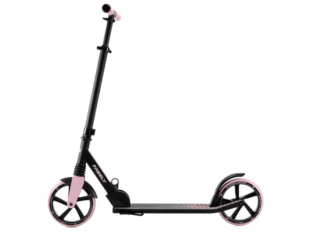 Hulajnoga KINDERKRAFT Freely Różowy hulajnoga na białym tle widoczna z boku rama wykonana z aluminium niska waga około 4,9 kg wytrzymałość na codzienne użytkowanie stalowa kierownica stabilność konstrukcji dobrze znosi intensywną eksploatację łatwa do przenoszenia