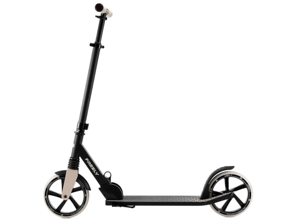 Hulajnoga KINDERKRAFT Freely Beżowy hulajnoga na białym tle widoczna z boku rama wykonana z aluminium niska waga około 4,9 kg wytrzymałość na codzienne użytkowanie stalowa kierownica stabilność konstrukcji dobrze znosi intensywną eksploatację łatwa do przenoszenia