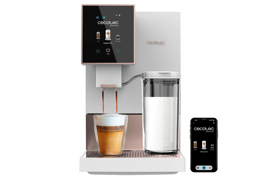Ekspres CECOTEC Cremmaet Compactccino Connected White Rose Bohater Twojej kuchni Smukła konstrukcja w kolorze Black Silver 30 rodzajów kaw dopasowanie smak napój ciśnienie