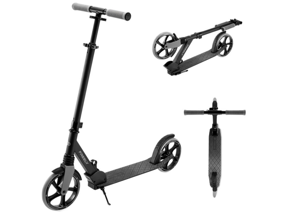 Hulajnoga KINDERKRAFT Freely Czarny hulajnoga na białym tle widoczna w trzech ujęciach od przodu pod skosem z góry i złożona swobodna jazda radność hobby aktywność