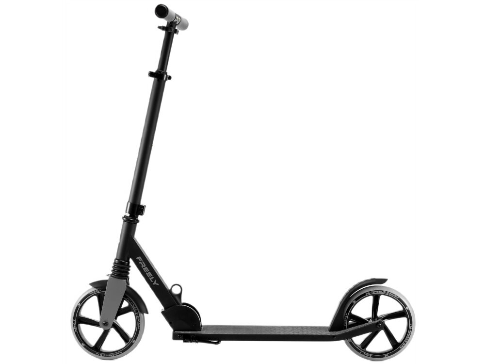 Hulajnoga KINDERKRAFT Freely Czarny hulajnoga na białym tle widoczna z boku rama wykonana z aluminium niska waga około 4,9 kg wytrzymałość na codzienne użytkowanie stalowa kierownica stabilność konstrukcji dobrze znosi intensywną eksploatację łatwa do przenoszenia