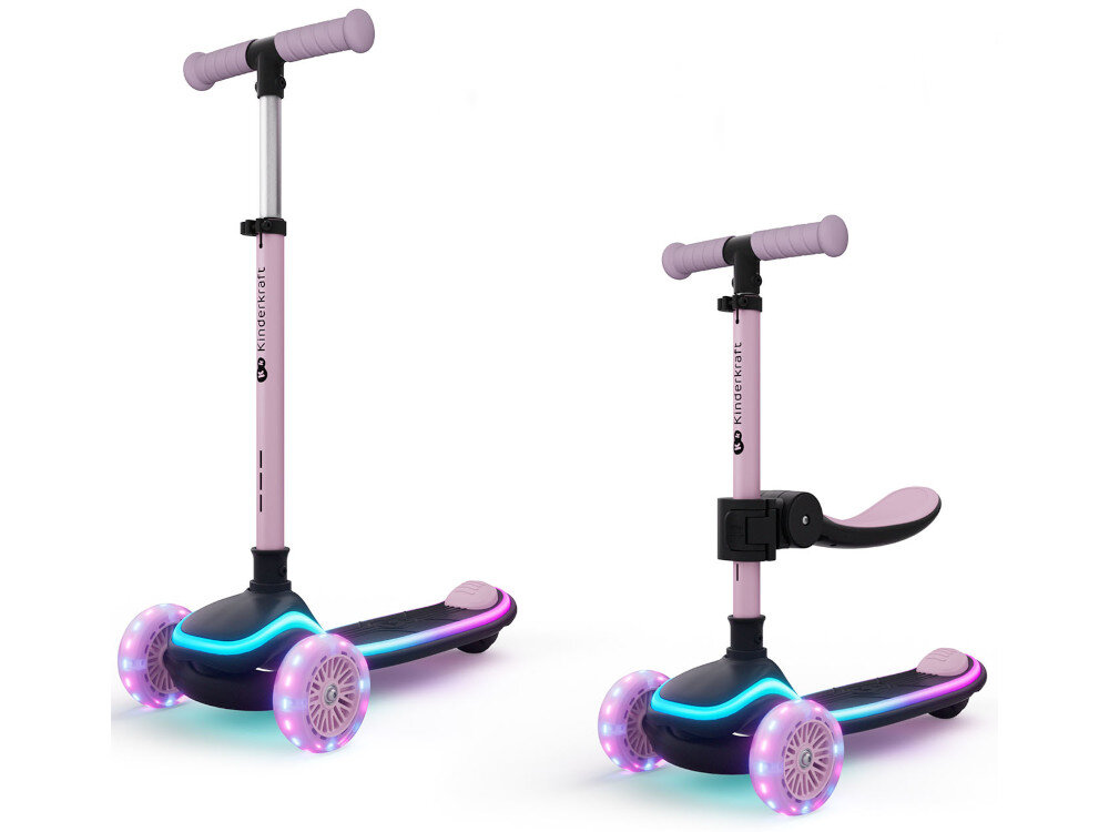 Hulajnoga dla dzieci KINDERKRAFT Raket Up Różowy hulajnoga w dwóch ujęciach z siedziskiem i bez siedziska białe tło szybka zmiana z rowerka biegowego na hulajnogę odbywa się bez użycia specjalistycznych narzędzi siedzisko można łatwo odpiąć produkt rośnie razem z maluchem siedzisko z 3-stopniową regulację wysokości w zakresie 25–27,5–30 cm