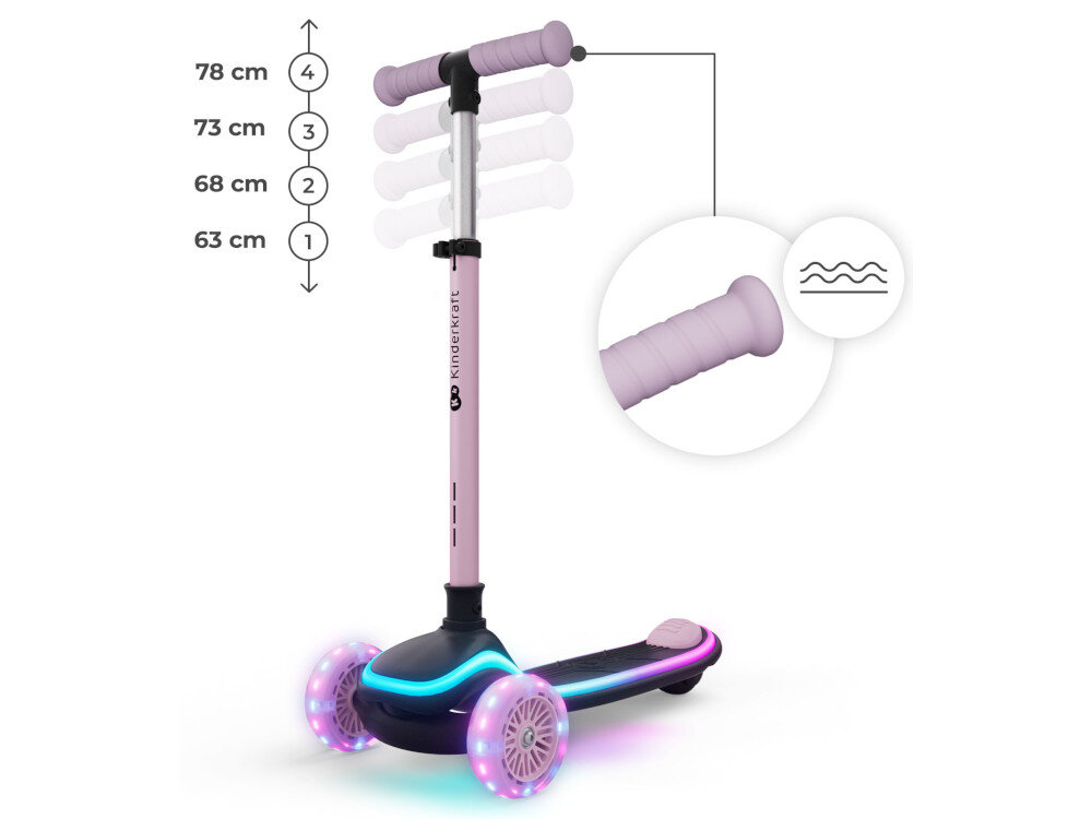Hulajnoga dla dzieci KINDERKRAFT Raket Up Różowy białe tło hulajnoga widoczna od przodu pod skosem zbliżenie na uchwyt napisane wartości regulacji kierownicy regulowana kierownica w zakresie 63-68-73-78 cm cztery poziomy ustawienia utrzymanie prawidłowej postawy większy komfort i kontrola jazdy zmniejsza konieczność pochylania się lub unoszenia ramion