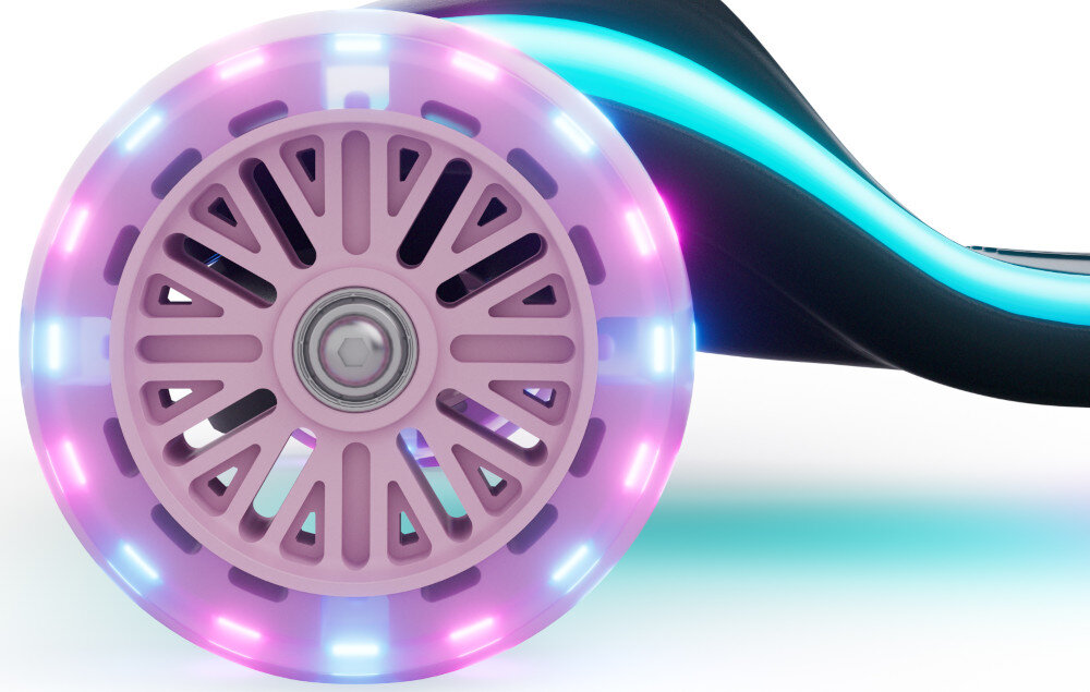 Hulajnoga dla dzieci KINDERKRAFT Raket Up Różowy zbliżenie na jedno z kółek widok z boku dwa przednie, świecące kółka ruchome światło RGB efekt świetlny uruchamia się wraz z obrotem kół, bez użycia baterii koła o średnicy 12 cm płynna jazda i stabilność