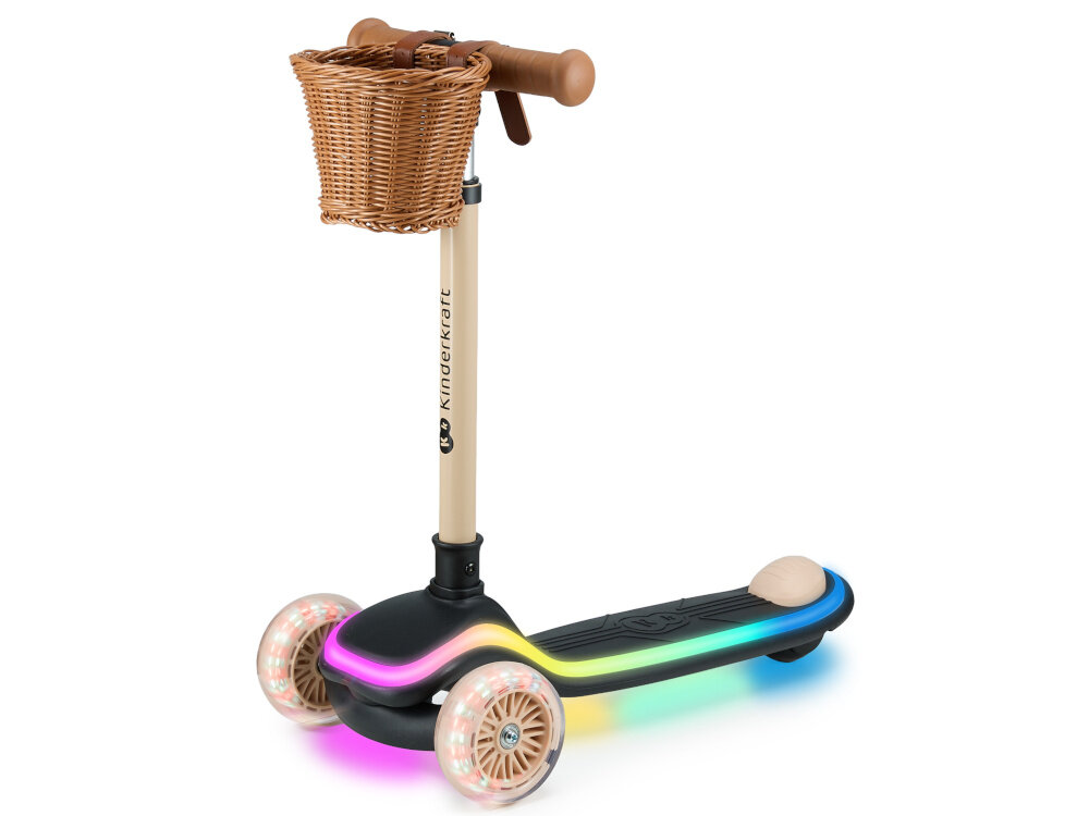 Hulajnoga dla dzieci KINDERKRAFT Raket Beżowy hulajnoga z włączonym oświetleniem na białym tle widoczna od przodu pod skosem spełnia europejskie normy bezpieczeństwa EN wysoka jakość wykonania konstrukcja została przetestowana pod kątem trwałości stabilności bezpieczeństwa użytkowania sprzęt dopasowany do obowiązujących standardów