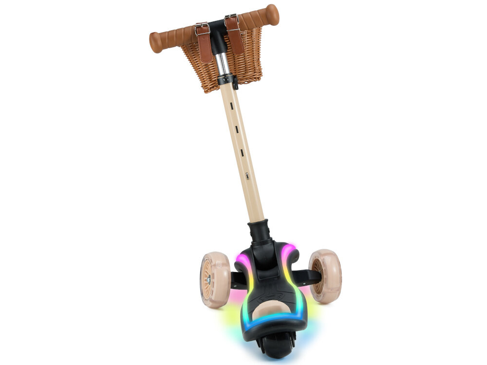 Hulajnoga dla dzieci KINDERKRAFT Raket Beżowy hulajnoga z włączonym oświetleniem na białym tle widoczna od tyłu kierownica lekko pochylona w jedną stronę system balansowy dziecko skręca poprzez przenoszenie ciężaru ciała wspiera rozwój koordynacji ruchowej uczy naturalnego utrzymywania równowagi