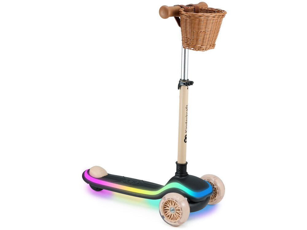 Hulajnoga dla dzieci KINDERKRAFT Raket Beżowy hulajnoga z włączonym oświetleniem na białym tle widoczna od przodu pod skosem PP aluminium solidna konstrukcja stabilność z lekkiego wytrzymałego aluminium odporność na uszkodzenia tworzywo PP maksymalne obciążenie do 50 kg