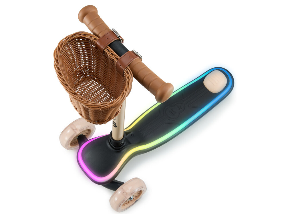 Hulajnoga dla dzieci KINDERKRAFT Raket Beżowy hulajnoga z włączonym oświetleniem na białym tle widoczna z góry podest z antypoślizgową powierzchnią rączki o właściwościach antypoślizgowych stabilność pewna pozycja