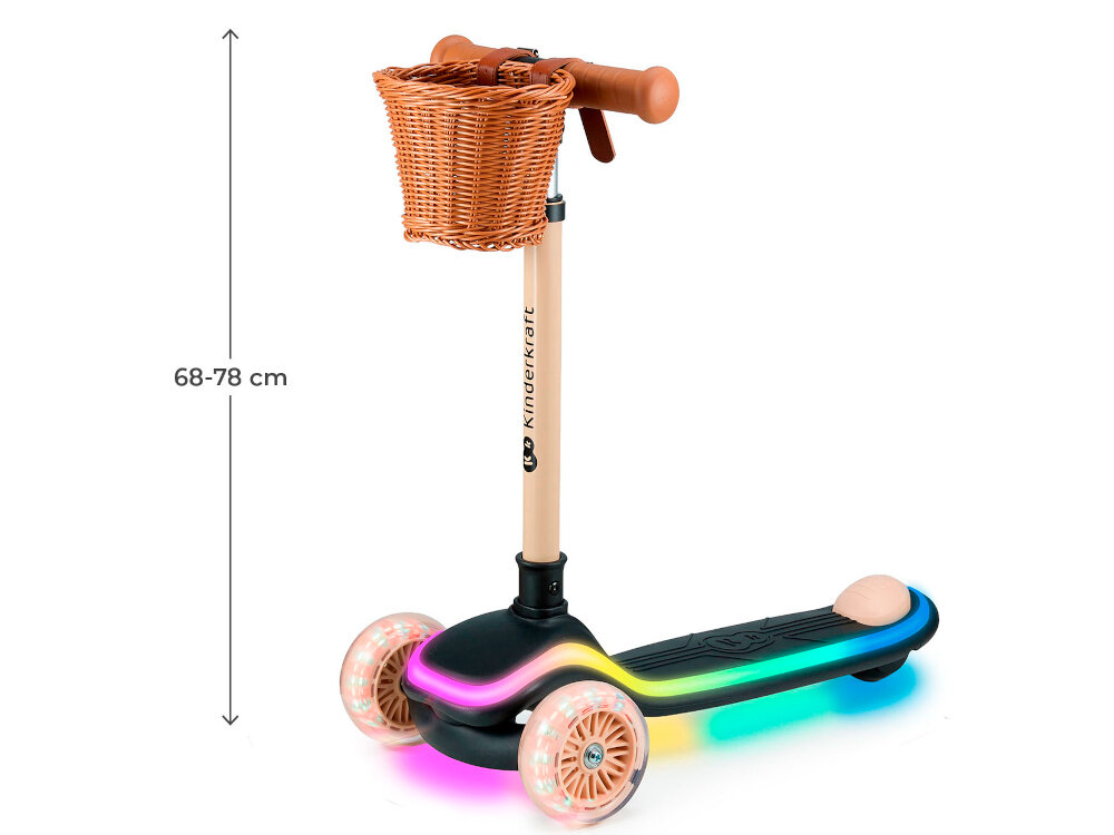 Hulajnoga dla dzieci KINDERKRAFT Raket Beżowy hulajnoga z włączonym oświetleniem na białym tle widoczna od przodu pod skosem obok podane wymiary regulacji kierownicy regulowana kierownica w zakresie 68-73-78 cm trzy poziomy ustawienia większy komfort i kontrola jazdy zmniejsza konieczność pochylania się lub unoszenia ramion
