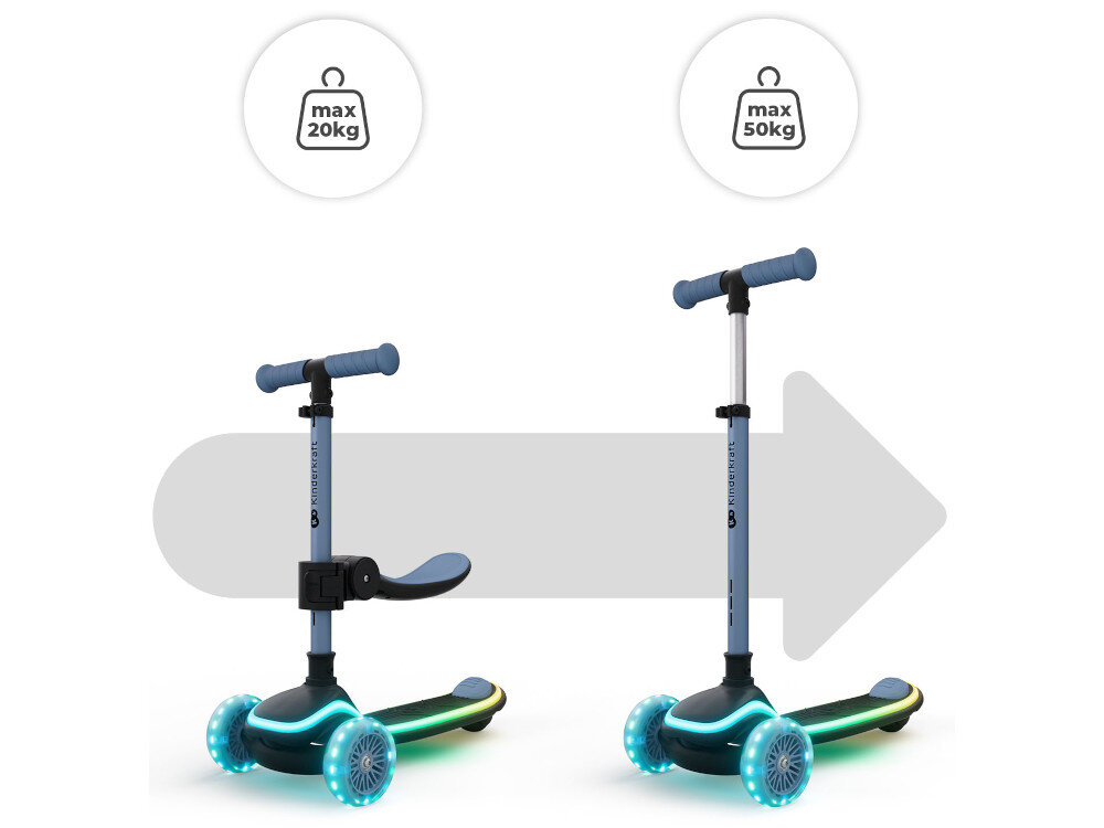 Hulajnoga dla dzieci KINDERKRAFT Raket Up Niebieski hulajnoga w dwóch ujęciach z siedziskiem i bez siedziska w kółkach pokazana waga białe tło hulajnoga 2w1 funkcja rowerka biegowego hulajnogi trójkołowej w trybie rowerka przeznaczona jest dla maluchów od 1. roku życia do 20 kg hulajnoga dla dzieci od 2 lat do 50 kg