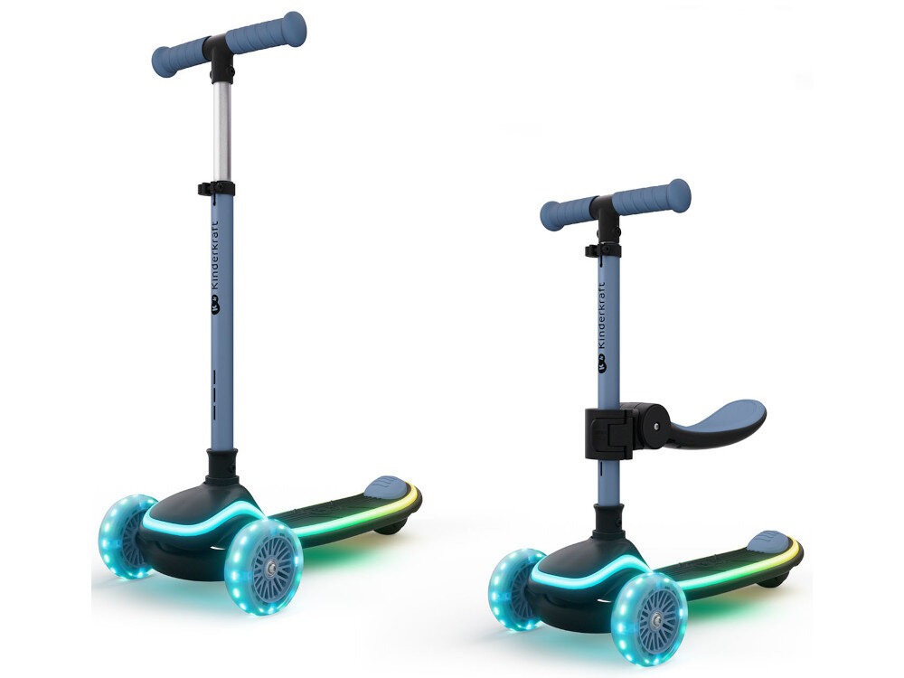 Hulajnoga dla dzieci KINDERKRAFT Raket Up Niebieski hulajnoga w dwóch ujęciach z siedziskiem i bez siedziska białe tło szybka zmiana z rowerka biegowego na hulajnogę odbywa się bez użycia specjalistycznych narzędzi siedzisko można łatwo odpiąć produkt rośnie razem z maluchem siedzisko z 3-stopniową regulację wysokości w zakresie 25–27,5–30 cm