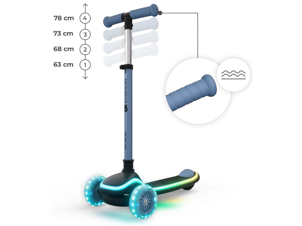 Hulajnoga dla dzieci KINDERKRAFT Raket Up Niebieski białe tło hulajnoga widoczna od przodu pod skosem zbliżenie na uchwyt napisane wartości regulacji kierownicy regulowana kierownica w zakresie 63-68-73-78 cm cztery poziomy ustawienia utrzymanie prawidłowej postawy większy komfort i kontrola jazdy zmniejsza konieczność pochylania się lub unoszenia ramion