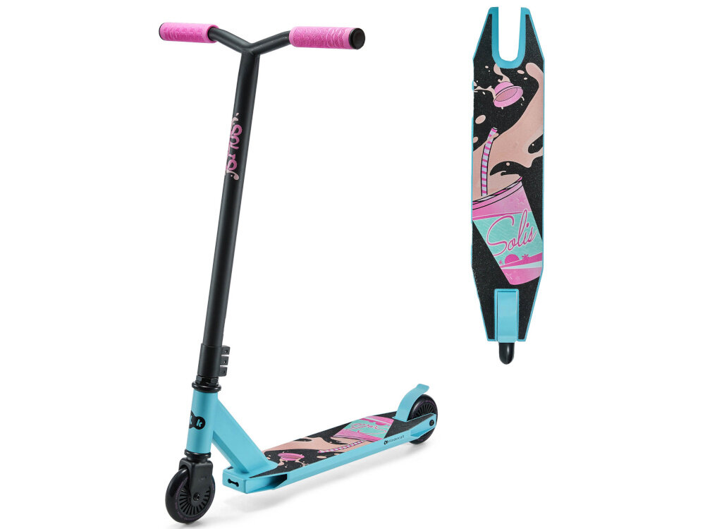 Hulajnoga wyczynowa KINDERKRAFT Solis Różowy hulajnoga na białym tle widoczna od przodu pod skosem obok zdjęcie ze zbliżeniem na podest dla dzieci od 5. roku życia nastolatków dorosłych o wadze do 100 kg pozwala rozwijać umiejętności jazdy i wykonywania trików wspiera naukę równowagi, koordynacji i kontroli ruchów