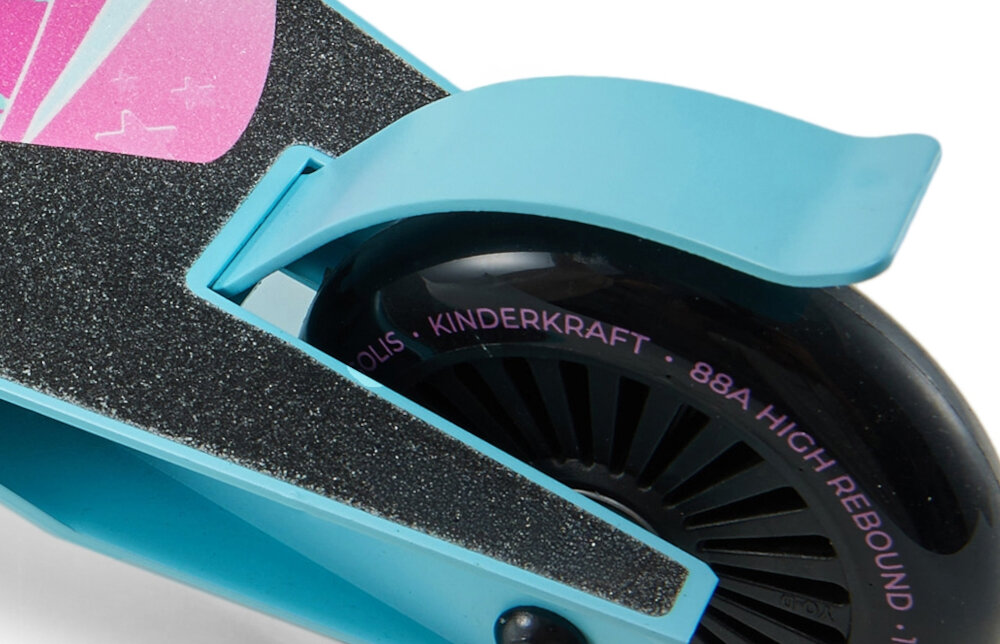 Hulajnoga wyczynowa KINDERKRAFT Solis Różowy zbliżenie na hamulec solidny hamulec nożny umieszczony na tylnej osi intuicyjna obsługa dziecko reaguje natychmiast tylne umiejscowienie zwiększa stabilność podczas hamowania większa kontrola nad prędkością i wyższy poziom bezpieczeństwa