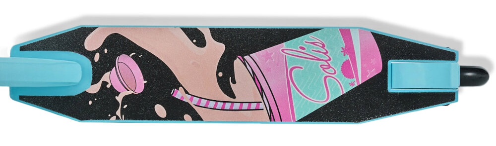 Hulajnoga wyczynowa KINDERKRAFT Solis Różowy zbliżenie na podest widok z góry antypoślizgowa warstwa na podeście całkowita długość podestu 50,5 cm użytkowa powierzchnia 35 cm stabilne ustawienie stóp szerokość 11 cm pewne oparcie komfort jazdy