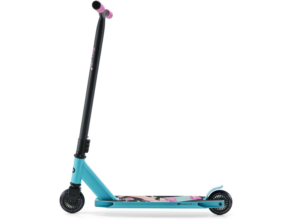 Hulajnoga wyczynowa KINDERKRAFT Solis Różowy hulajnoga na białym tle widoczna z boku rama z aluminium stalowy Y-bar trwała konstrukcja przystosowana do obciążenia do 100 kg sztywność podczas dynamicznej jazdy i wykonywania trików stabilności nawet przy intensywnym użytkowaniu