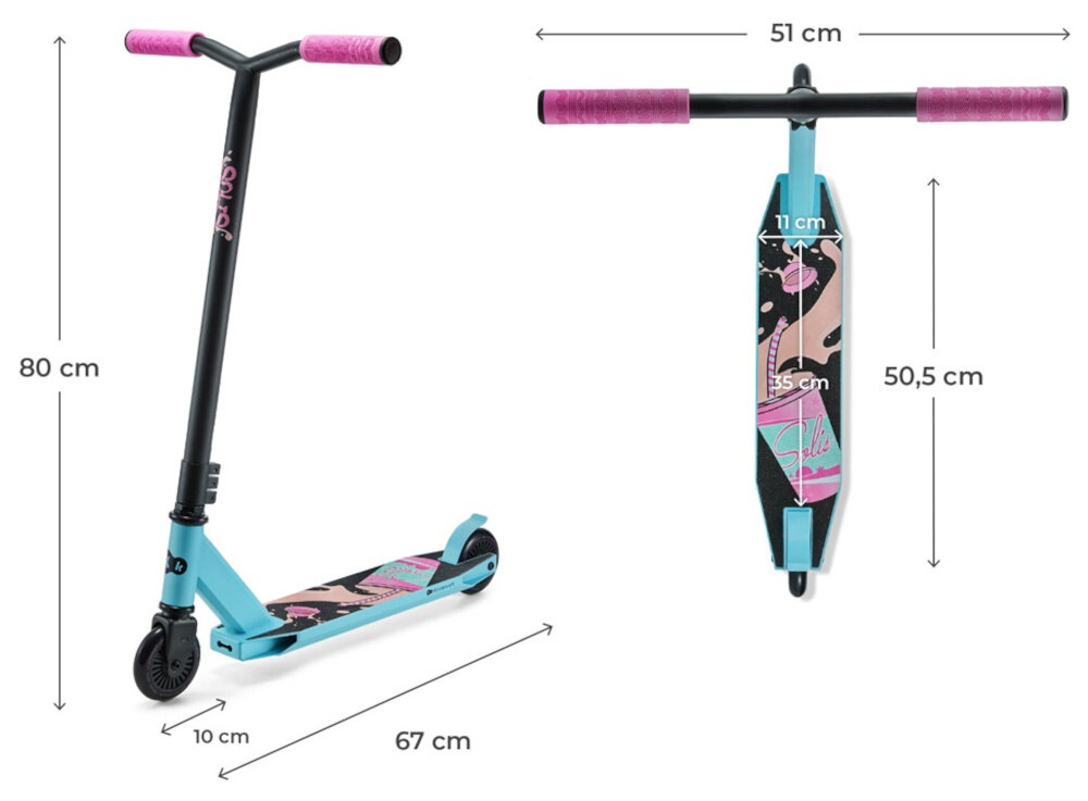 Hulajnoga wyczynowa KINDERKRAFT Solis Różowy hulajnoga na białym tle widoczna od przodu pod skosem obok widok z góry strzałki z wymiarami całkowita wysokość 80 cm długość 67 cm szerokość 51 cm od 5. roku życia ułatwia utrzymanie równowagi i precyzyjne manewrowanie właściwe proporcje ograniczają nadmierne wychylenia ciała