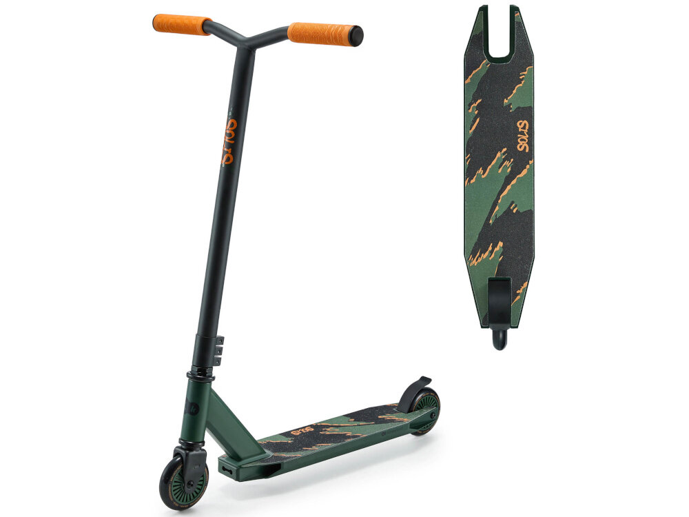 Hulajnoga wyczynowa KINDERKRAFT Solis Zielony hulajnoga na białym tle widoczna od przodu pod skosem obok zdjęcie ze zbliżeniem na podest dla dzieci od 5. roku życia nastolatków dorosłych o wadze do 100 kg pozwala rozwijać umiejętności jazdy i wykonywania trików wspiera naukę równowagi, koordynacji i kontroli ruchów