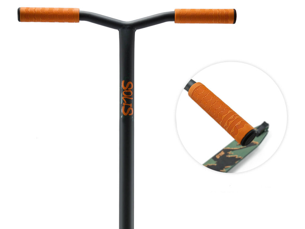 Hulajnoga wyczynowa KINDERKRAFT Solis Zielony kierownica na białym tle obok zdjęcie w kółku ze zbliżeniem na uchwyt kierownica w kształcie litery Y o wysokości 80 cm i szerokości 51 cm antypoślizgowe uchwyty pewny chwyt stabilne prowadzenie stała wysokość sprzyja lepszej kontroli ułatwia utrzymanie równowagi większa precyzja ruchów i bezpieczeństwo