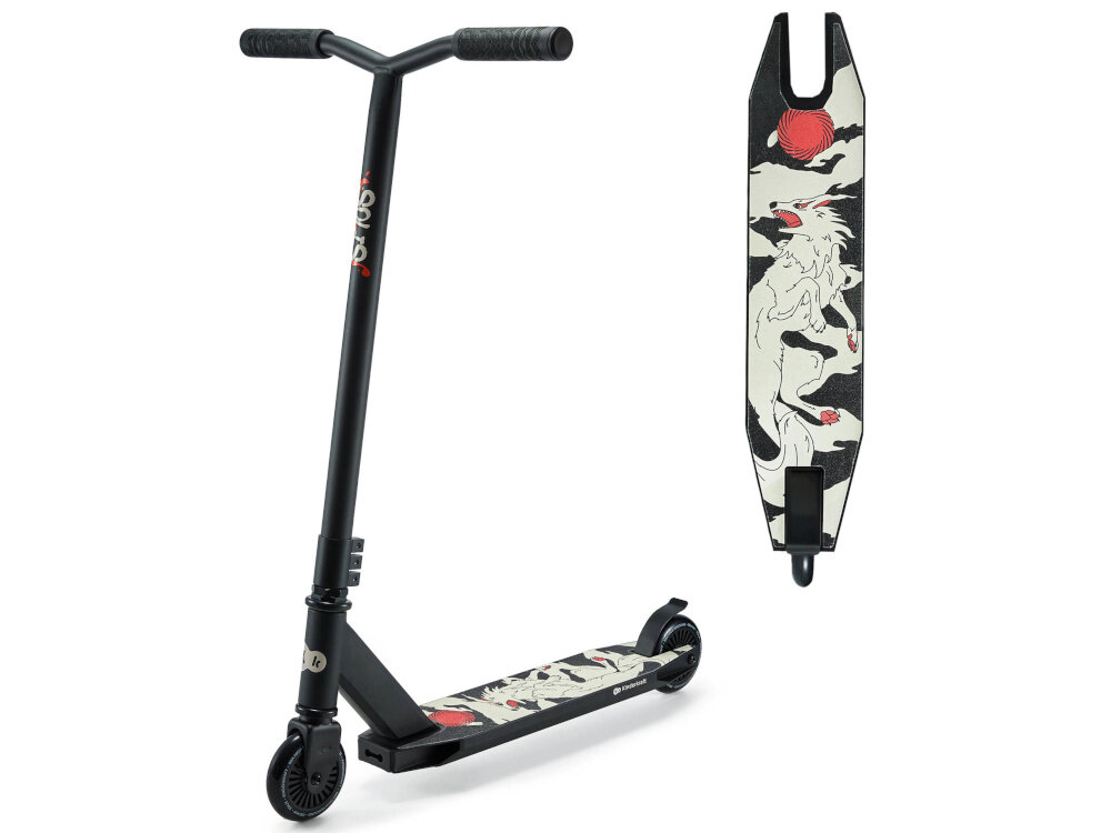 Hulajnoga wyczynowa KINDERKRAFT Solis Czarny hulajnoga na białym tle widoczna od przodu pod skosem obok zdjęcie ze zbliżeniem na podest dla dzieci od 5. roku życia nastolatków dorosłych o wadze do 100 kg pozwala rozwijać umiejętności jazdy i wykonywania trików wspiera naukę równowagi, koordynacji i kontroli ruchów