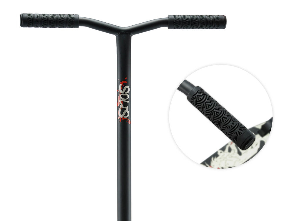 Hulajnoga wyczynowa KINDERKRAFT Solis Czarny kierownica na białym tle obok zdjęcie w kółku ze zbliżeniem na uchwyt kierownica w kształcie litery Y o wysokości 80 cm i szerokości 51 cm antypoślizgowe uchwyty pewny chwyt stabilne prowadzenie stała wysokość sprzyja lepszej kontroli ułatwia utrzymanie równowagi większa precyzja ruchów i bezpieczeństwo