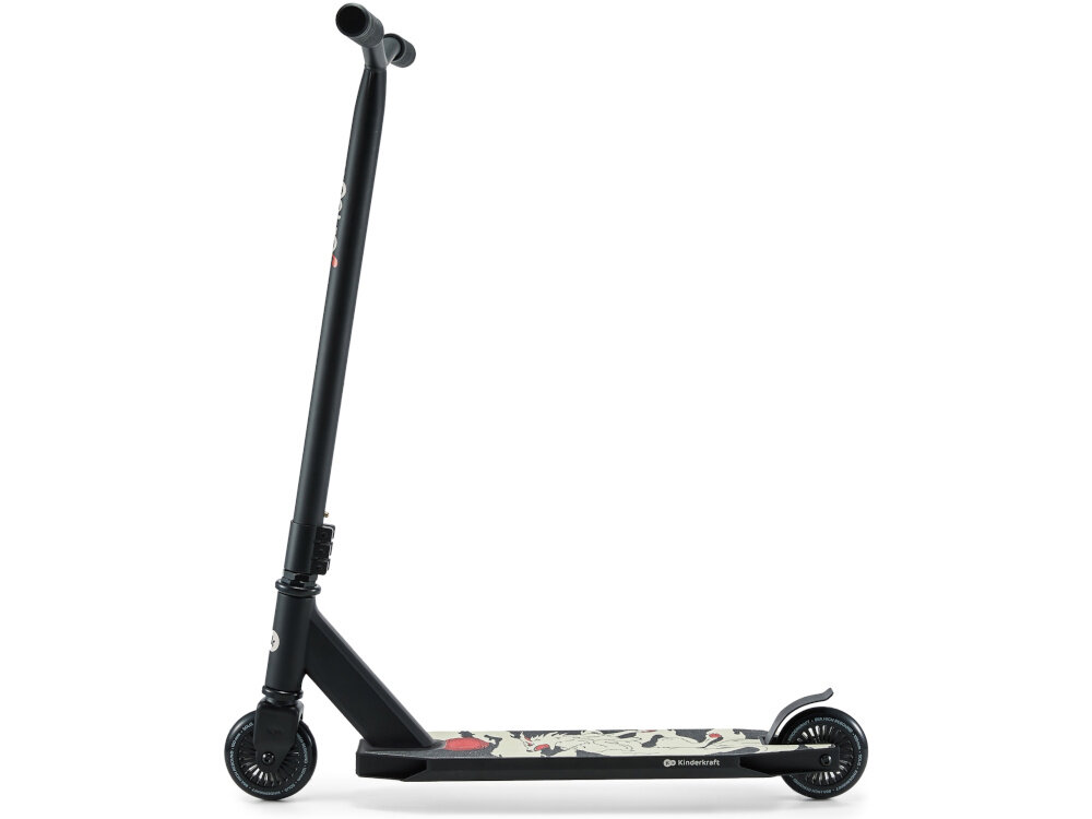 Hulajnoga wyczynowa KINDERKRAFT Solis Czarny hulajnoga na białym tle widoczna z boku rama z aluminium stalowy Y-bar trwała konstrukcja przystosowana do obciążenia do 100 kg sztywność podczas dynamicznej jazdy i wykonywania trików stabilności nawet przy intensywnym użytkowaniu