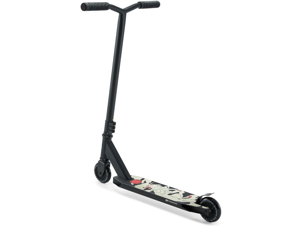 Hulajnoga wyczynowa KINDERKRAFT Solis Czarny hulajnoga na białym tle widoczna od tyłu pod skosem waga około 3,1 kg ułatwia przenoszenie oraz transport wykonywaniu podbić i obrotów w powietrzu