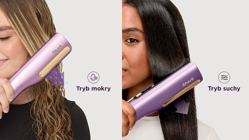 Prostownica SHARK Silki HT401EUPU zdjęcie lifestyle Dwa tryby Tryb Wet Hair Tryb Dry Hair 