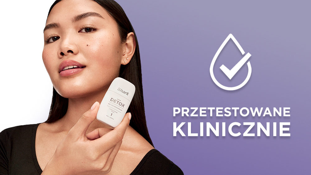 Osoba trzyma urządzenie z napisem \'Shark DETOX\'. Obok widoczny jest symbol kropli z haczykiem oraz tekst \'PRZETESTOWANE KLINICZNIE\'.