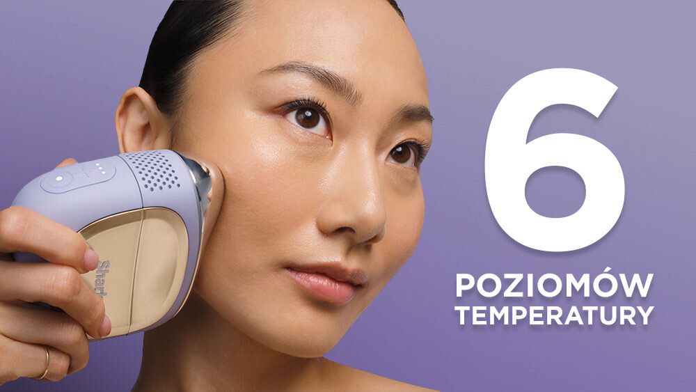 Osoba używa urządzenia do pielęgnacji twarzy w kolorze purpurowym. Obok widoczny jest tekst: \'6 POZIOMÓW TEMPERATURY\'.