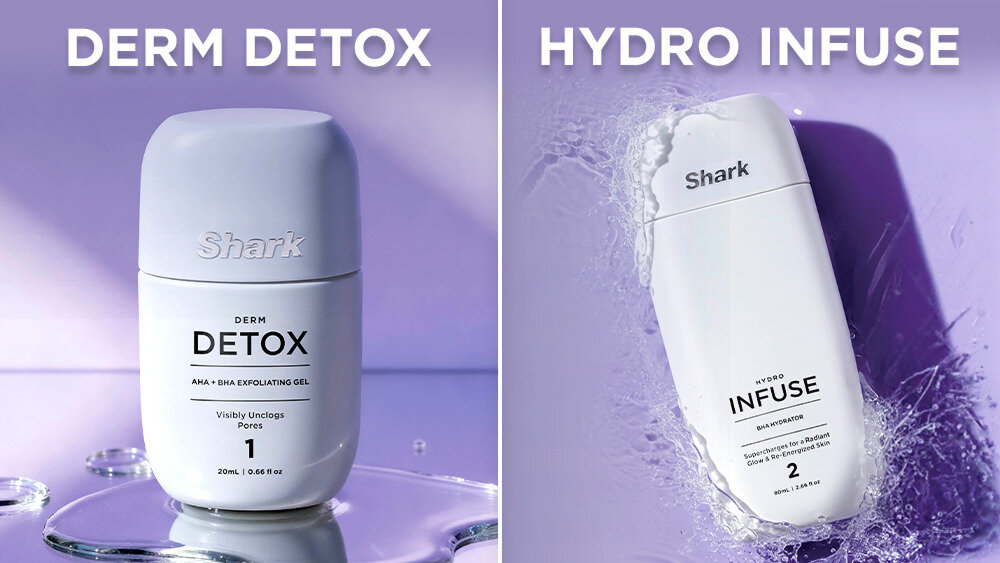 Obraz przedstawia dwa produkty marki Shark na fioletowym tle. Po lewej stronie widoczny jest \'DERM DETOX AHA + BHA EXFOLIATING GEL\', a po prawej \'HYDRO INFUSE\'.
