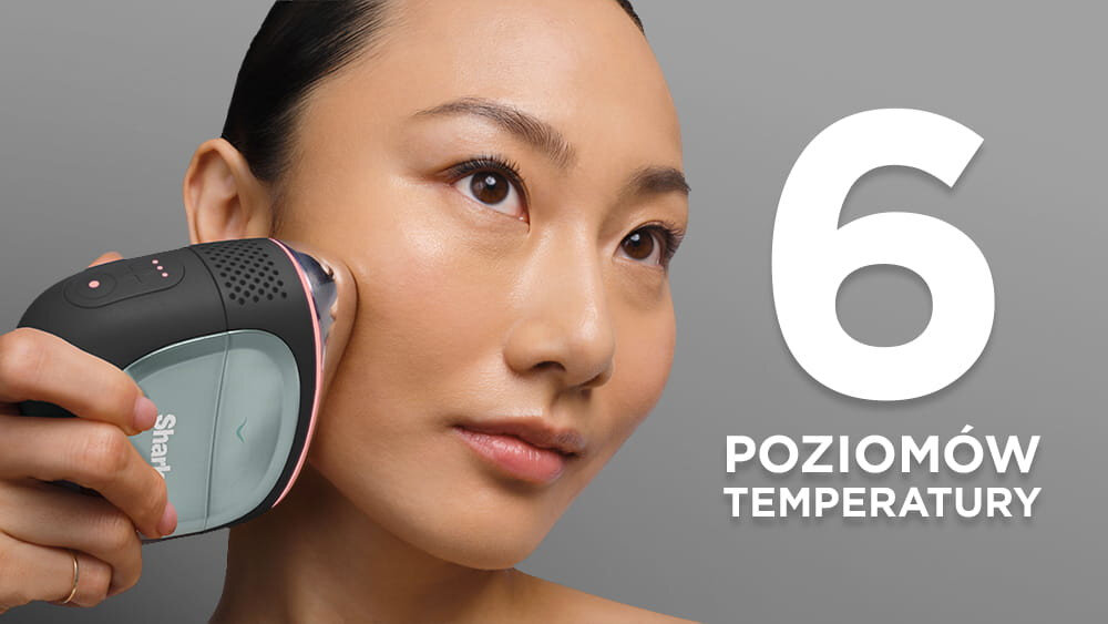 Osoba używa urządzenia do pielęgnacji twarzy marki Shark. Obok widoczny jest tekst: \'6 POZIOMÓW TEMPERATURY\'.