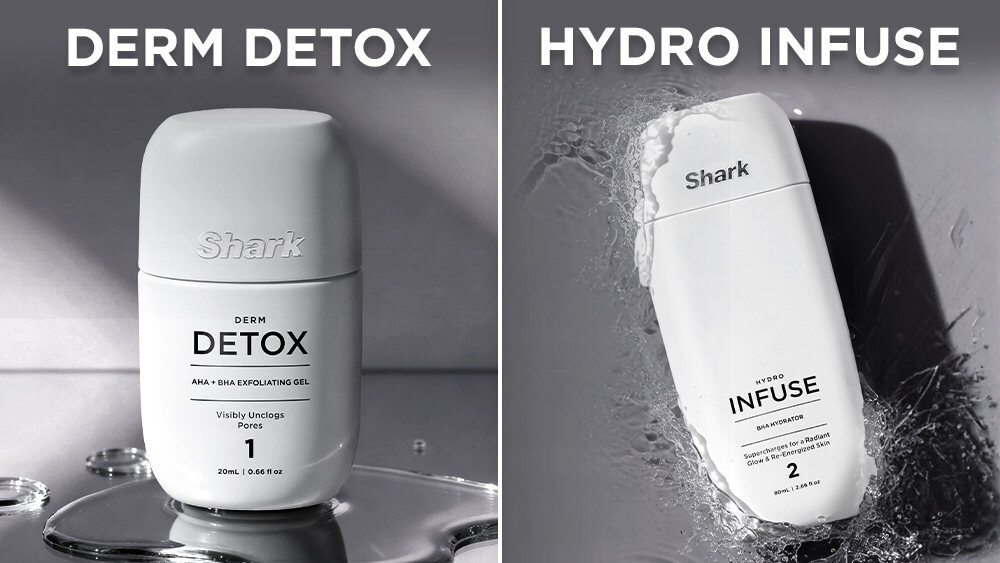 Obraz przedstawia dwa produkty kosmetyczne marki Shark. Po lewej stronie widoczny jest \'DERM DETOX AHA + BHA EXFOLIATING GEL\', a po prawej \'HYDRO INFUSE\'.