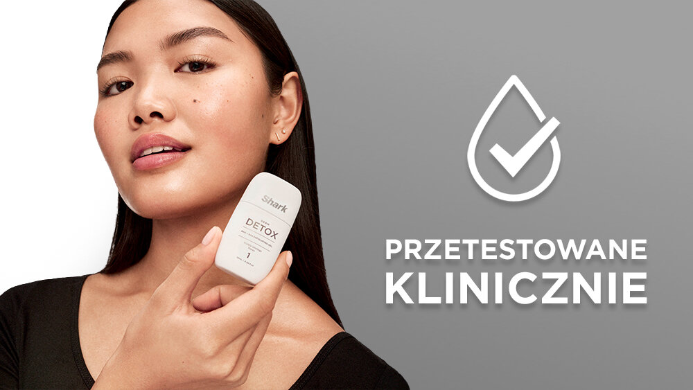 Osoba trzyma urządzenie z napisem \'Shark DETOX\'. Obok widnieje tekst \'PRZETESTOWANE KLINICZNIE\' oraz symbol kropli z haczykiem.