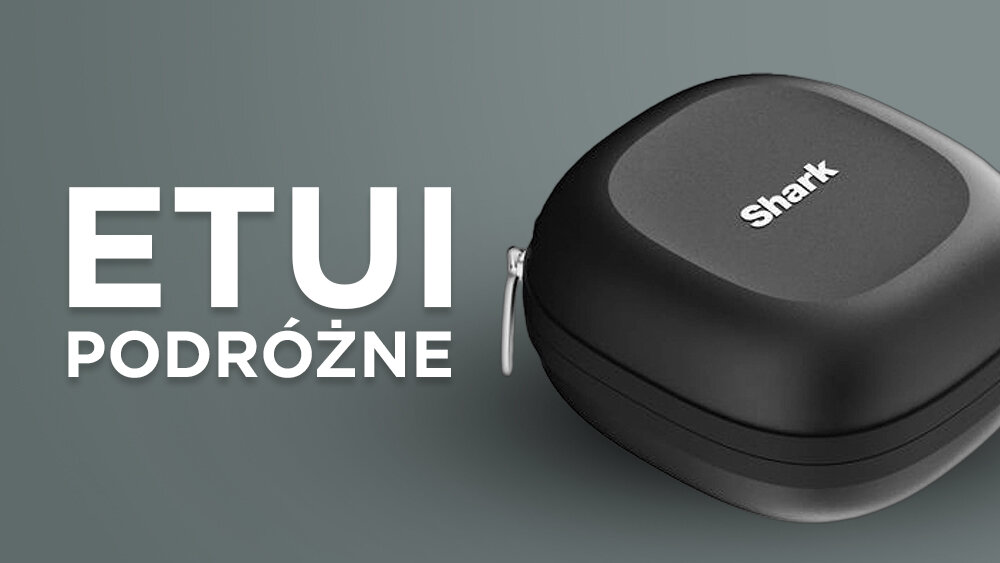 Na obrazie widoczne jest czarne etui podróżne z napisem \'Shark\'. Obok etui znajduje się tekst: \'ETUI PODRÓŻNE\'.