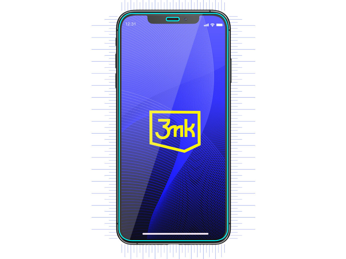 Na obrazie widoczny jest telefon z niebieskim ekranem, na którym znajduje się logo \'3mk\'. Ekran otoczony jest cienką, zieloną ramką.