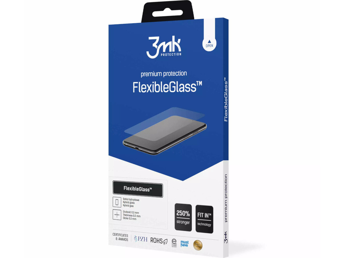 Opakowanie produktu 3mk Protection FlexibleGlass™ z grafiką przedstawiającą szkło ochronne na telefon. Widoczne są napisy: \'premium protection FlexibleGlass™\', \'250% stronger\', \'FIT IN™ technology\' oraz certyfikaty PZH i ROHS.
