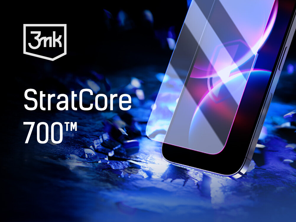 Obraz przedstawia folię ochronną na telefon z efektem świetlnym w tle. Widoczny jest tekst: \'3mk StratCore 700™\'.
