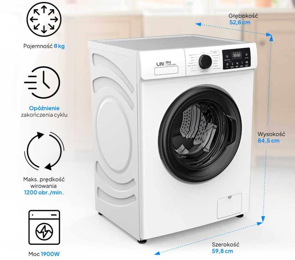 Pralka LIN LI-PR80-102WH Zdjęcie przedstawia pralkę wraz z infografiką opisującą jej najważniejsze parametry, takie jak wymiary, pojemność i prędkość wirowania. Ikony wizualnie ułatwiają szybkie zapoznanie się ze specyfikacją urządzenia 8kg 1200obr 16programów opóźnienie wygodny panel sterowania przyciski pokrętło