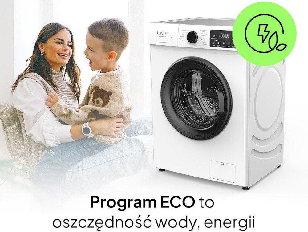Pralka LIN LI-PR80-102WH Grafika pokazuje pralkę z programem ECO umieszczoną obok siedzącej na podłodze rodziny — dorosłego i dziecka. Zielona ikona w rogu podkreśla oszczędność wody i energii program szybki 15 min eco oszczędność wody energia do lekkich zabrudzeń