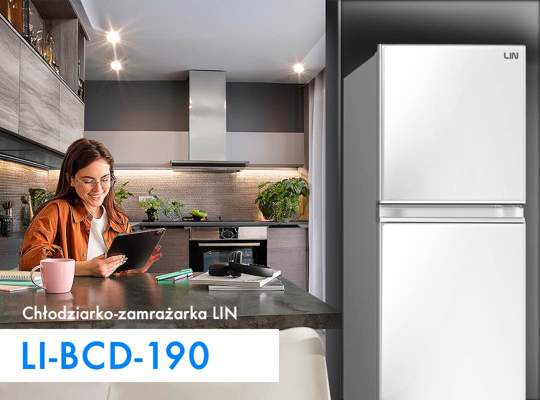Lodówka LIN LI-BCD-190 No Frost 149cm Biała Grafika przedstawia lodówkę w kuchni, gdzie urządzenie stanowi element wyposażenia wnętrza. Po lewej stronie umieszczono nazwę modelu LI-BCD-190, prezentując sprzęt jako praktyczne rozwiązanie do domu