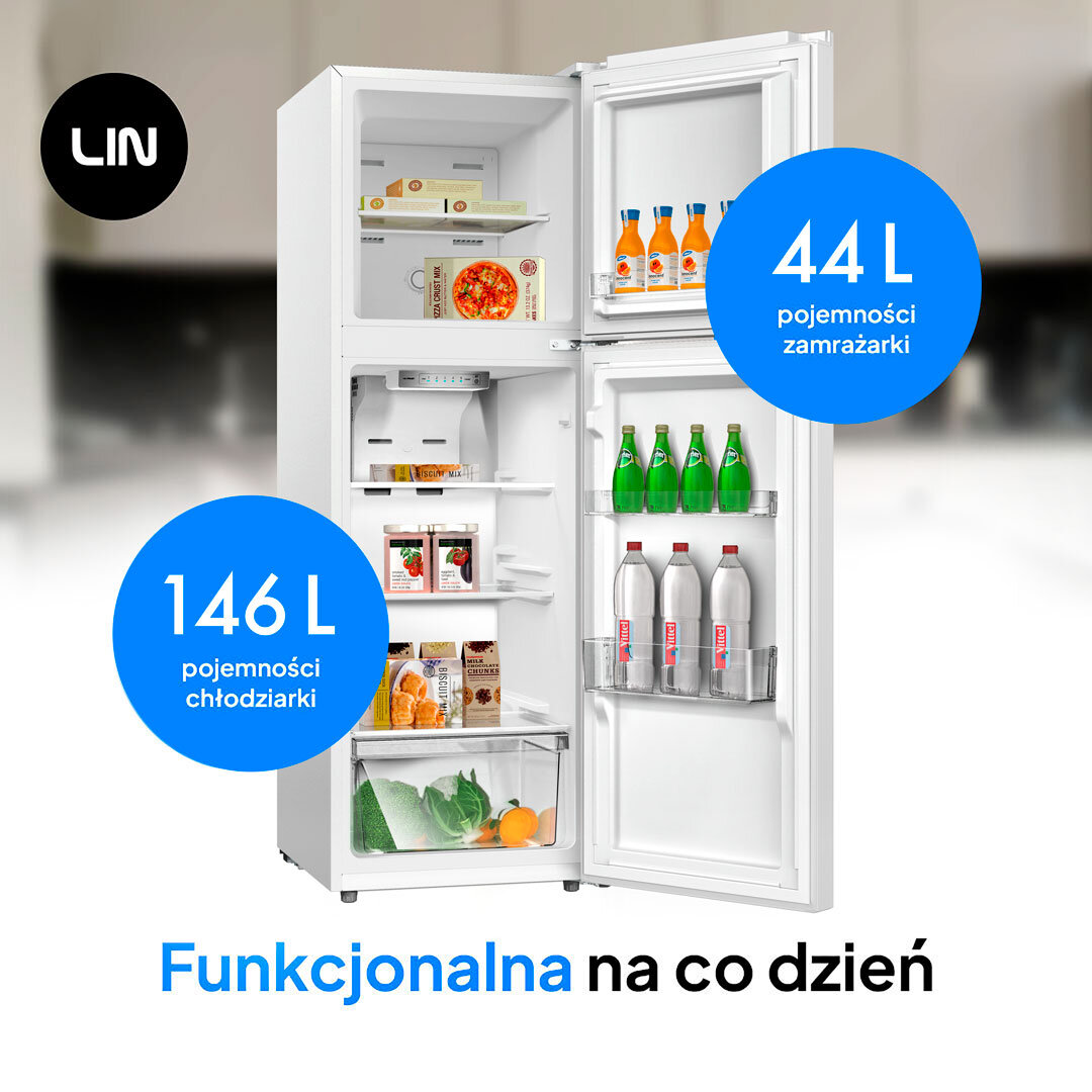 Lodówka LIN LI-BCD-190 No Frost 149cm Biała Na zdjęciu widoczne jest wnętrze lodówki z otwartymi drzwiami, wypełnione produktami spożywczymi rozmieszczonymi na półkach. Oznaczenia 146 L i 44 L wyróżniają pojemność chłodziarki oraz zamrażarki, podkreślając funkcjonalność na co dzień dwudrzwiowa pojemność 190l chłodziarka zamrażarka praktyczna