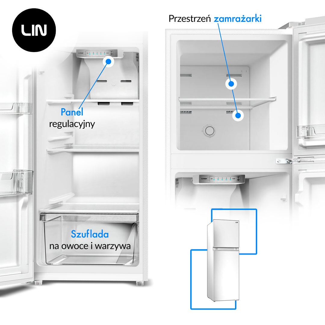 Lodówka LIN LI-BCD-190 No Frost 149cm Biała Na zdjęciu widać wnętrze lodówki i zamrażarki z opisanymi elementami, takimi jak panel regulacyjny oraz szuflada na warzywa i owoce. Zaznaczone punkty pomagają szybko zorientować się w układzie i funkcjonalności urządzenia wnętrze półki szuflada organizacja porządek wygodne przechowywanie