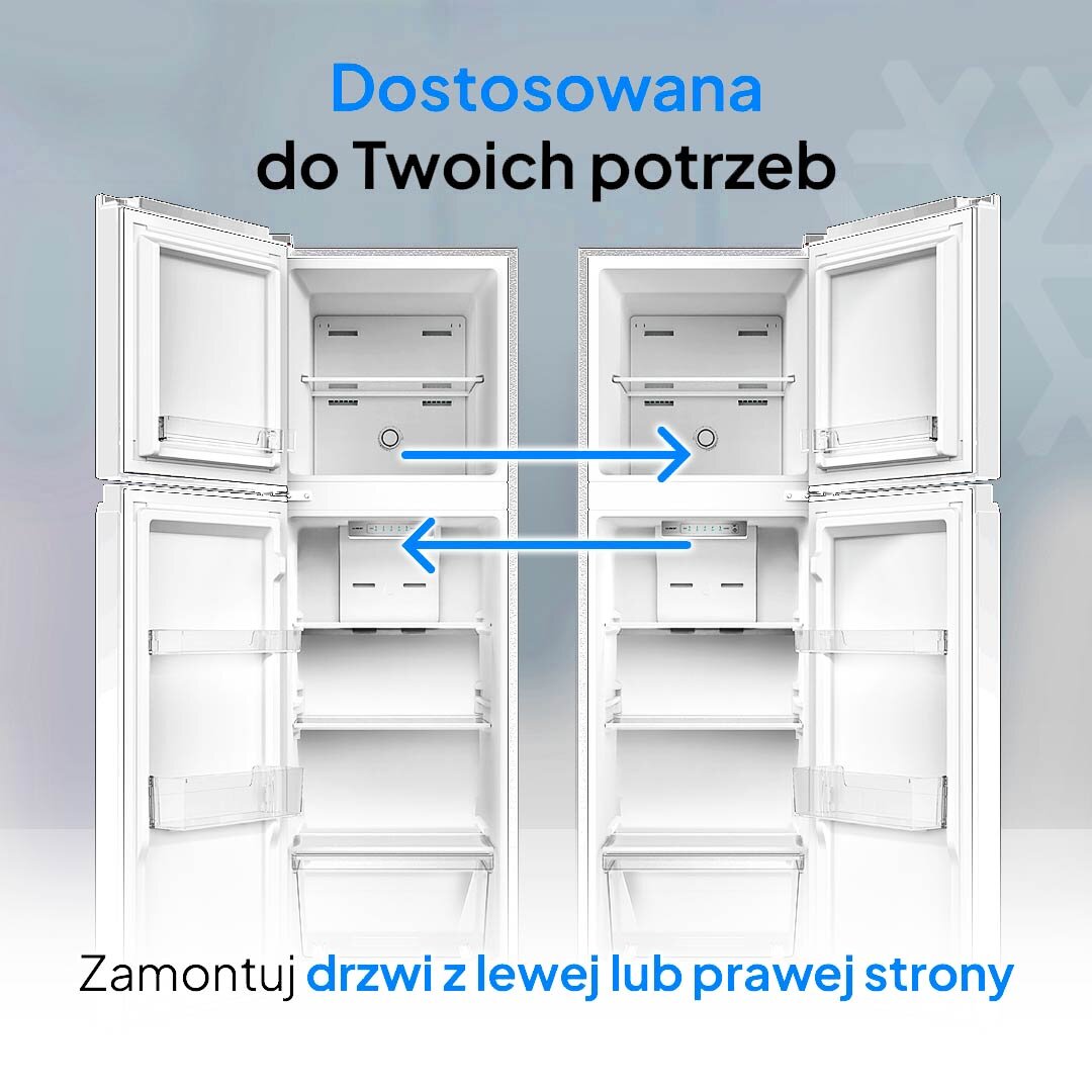 Lodówka LIN LI-BCD-190 No Frost 149cm Biała Obraz prezentuje lodówkę z możliwością montażu drzwi po lewej lub prawej stronie, co zwiększa wygodę użytkowania. Strzałki wskazują kierunki zmiany otwierania, podkreślając dostosowanie sprzętu do indywidualnych potrzeb wariant biały dostępność w kolorze czarnym lodówka regulowane nóżki kierunek drzwi kolory aranżacja