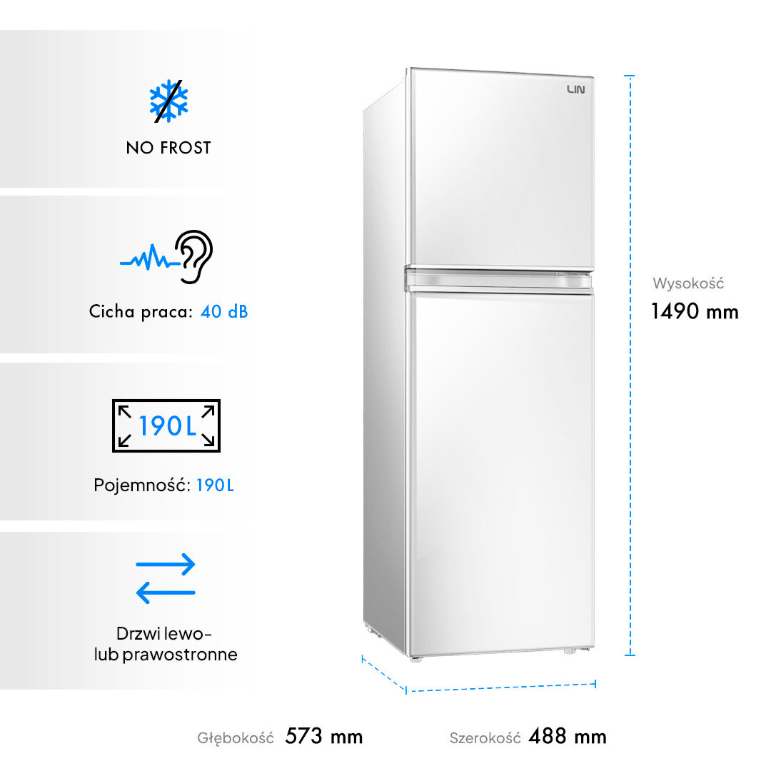 Lodówka LIN LI-BCD-190 No Frost 149cm Biała Grafika przedstawia lodówkę z zamrażalnikiem u góry wraz z zestawieniem najważniejszych parametrów, takich jak pojemność, poziom hałasu i wymiar. Ikony po lewej stronie podkreślają funkcje NO FROST, cichą pracę oraz możliwość zmiany kierunku otwierania drzwi lodówka NoFrost automatyczne odmrażanie cicha zamrażarka 2kg 40dB