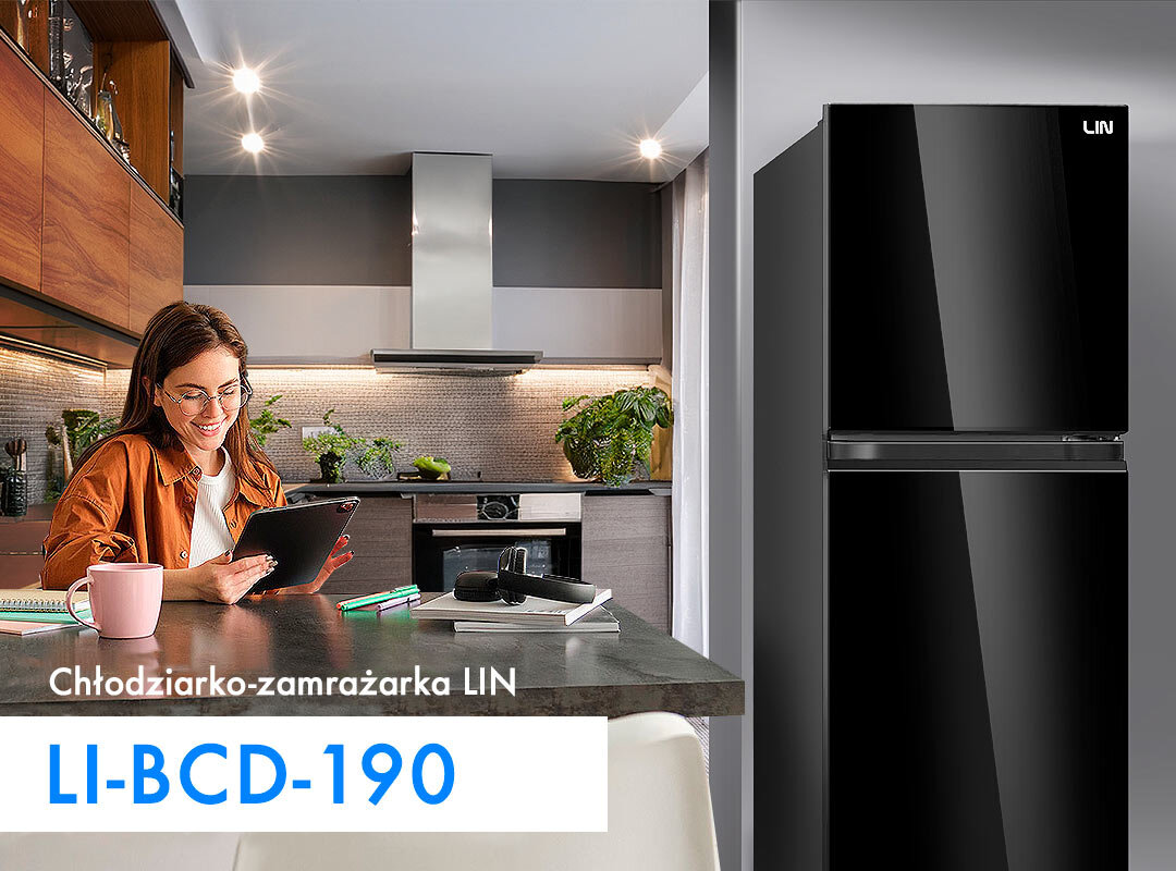 Lodówka LIN LI-BCD-190 No Frost 149cm Czarna Grafika przedstawia lodówkę w kuchni, gdzie urządzenie stanowi element wyposażenia wnętrza. Po lewej stronie umieszczono nazwę modelu LI-BCD-190, prezentując sprzęt jako praktyczne rozwiązanie do domu