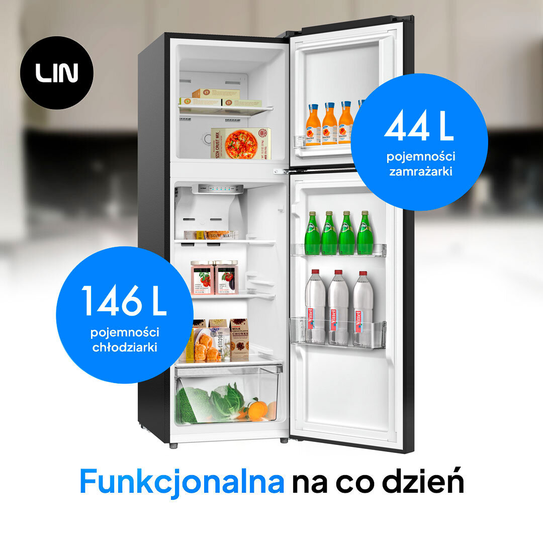 Lodówka LIN LI-BCD-190 No Frost 149cm Czarna Na zdjęciu widoczne jest wnętrze lodówki z otwartymi drzwiami, wypełnione produktami spożywczymi rozmieszczonymi na półkach. Oznaczenia 146 L i 44 L wyróżniają pojemność chłodziarki oraz zamrażarki, podkreślając funkcjonalność na co dzień dwudrzwiowa pojemność 190l chłodziarka zamrażarka praktyczna