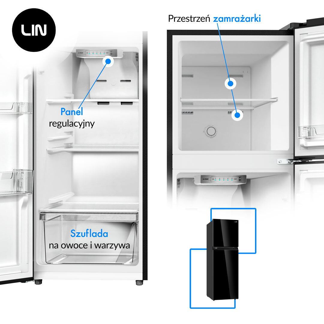Lodówka LIN LI-BCD-190 No Frost 149cm Czarna Na zdjęciu widać wnętrze lodówki i zamrażarki z opisanymi elementami, takimi jak panel regulacyjny oraz szuflada na warzywa i owoce. Zaznaczone punkty pomagają szybko zorientować się w układzie i funkcjonalności urządzenia wnętrze półki szuflada organizacja porządek wygodne przechowywanie