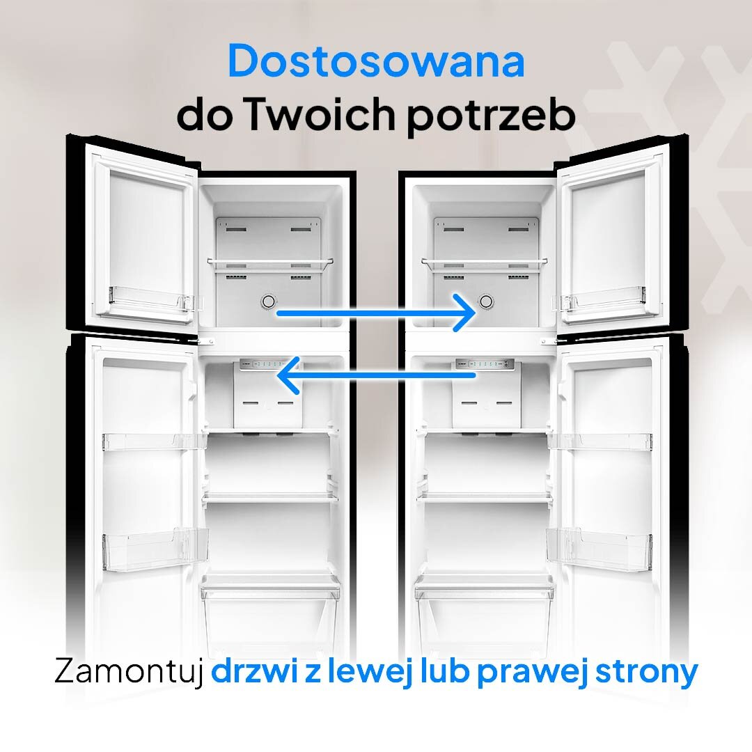Lodówka LIN LI-BCD-190 No Frost 149cm Czarna Obraz prezentuje lodówkę z możliwością montażu drzwi po lewej lub prawej stronie, co zwiększa wygodę użytkowania. Strzałki wskazują kierunki zmiany otwierania, podkreślając dostosowanie sprzętu do indywidualnych potrzeb wariant czarny dostępność w kolorze czarnym lodówka regulowane nóżki kierunek drzwi kolory aranżacja